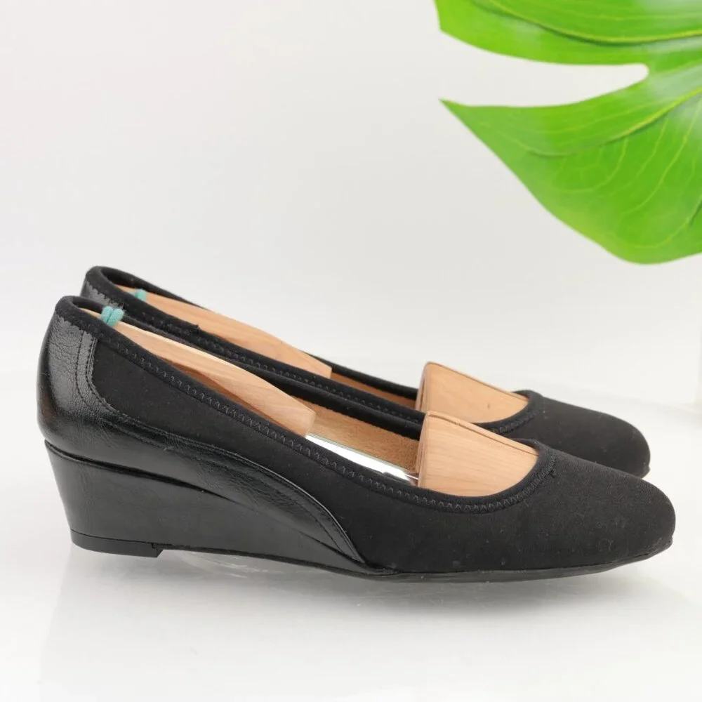 Lifestride Womens Hera Pump Size 7.5 Black Satin Wedge Heel Slip On Casual Shoes